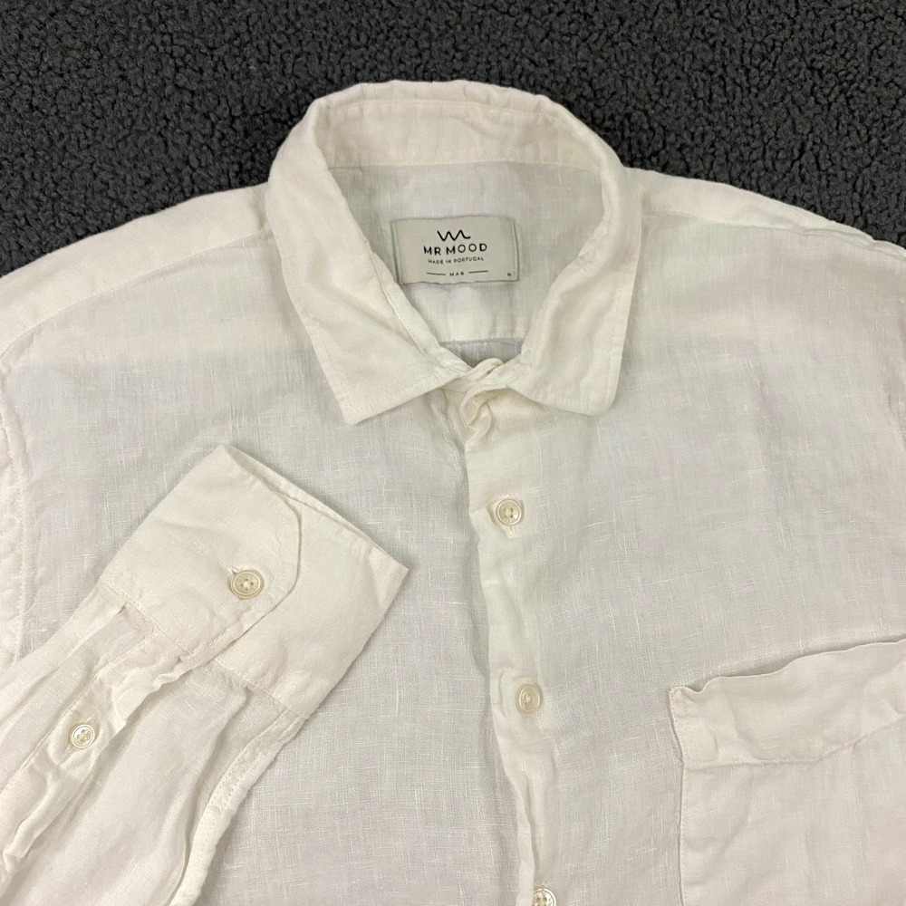 Mr Mood Linen Shirt Mens Medium Button Up White Resort Vacation Beach‎ Portugal